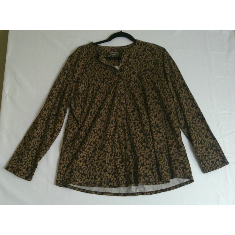 Liz Claiborne Womens 2X Top Brown Black Leaf Print Long Sleeve Henley Cotton